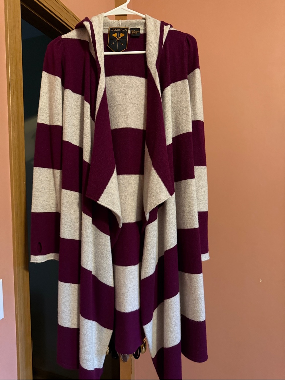 Jamison Hooded Open-Front Stripe Cardigan - Purple & Cream